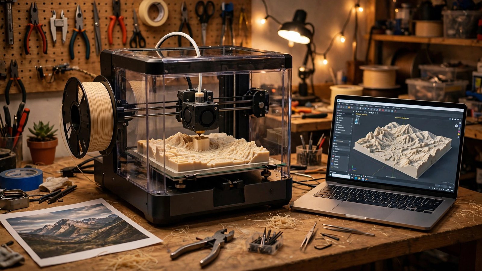 3D printer printing a terrain model converted from a JPG photo